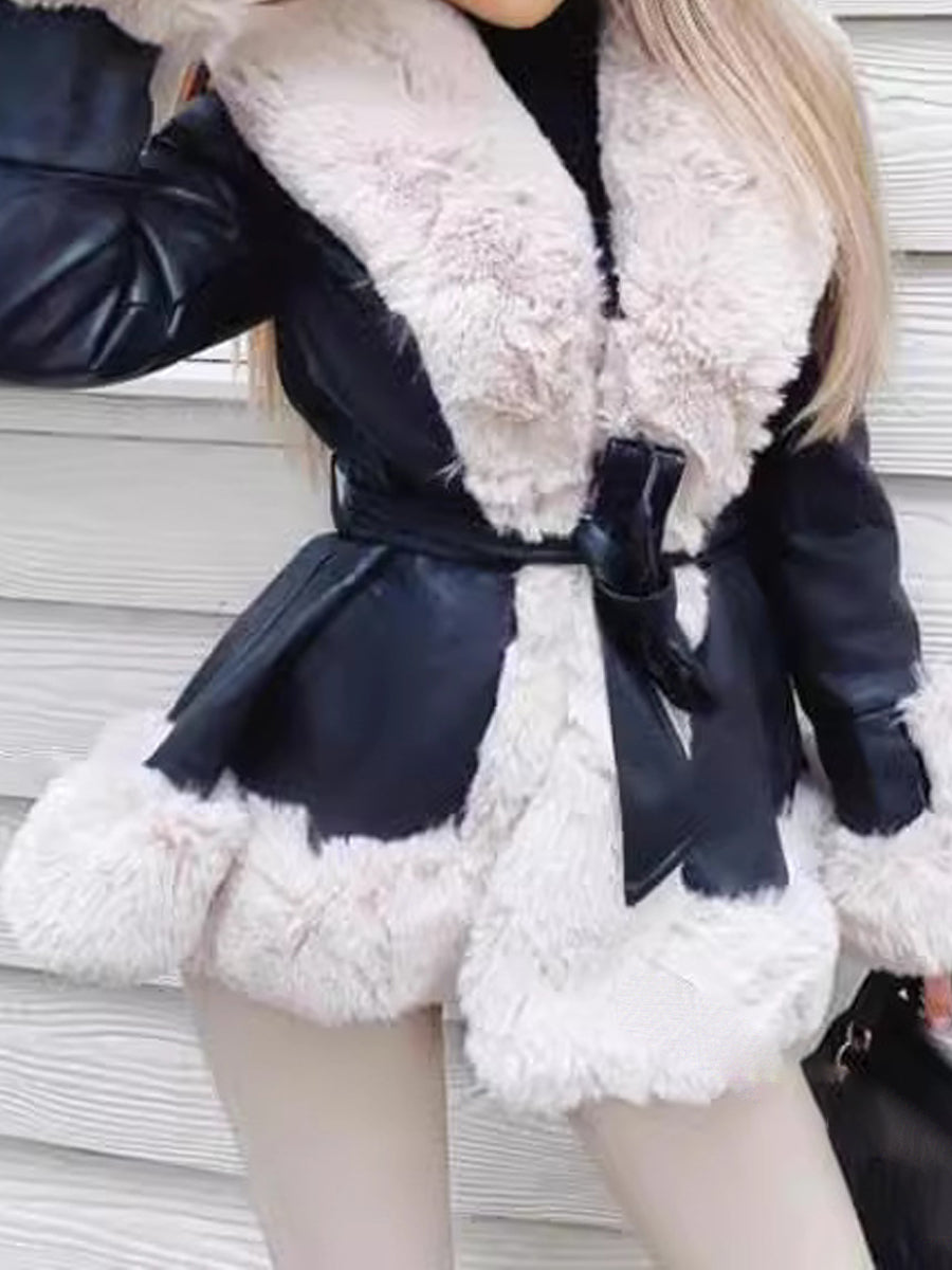 Faux Fur Trim Peplum Belted Coat(✔️Free Shipping)