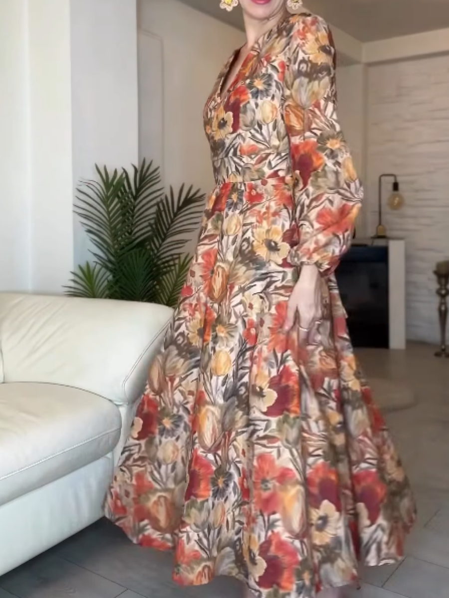 Autumn V-neck Printed Waist Long-sleeved Dress