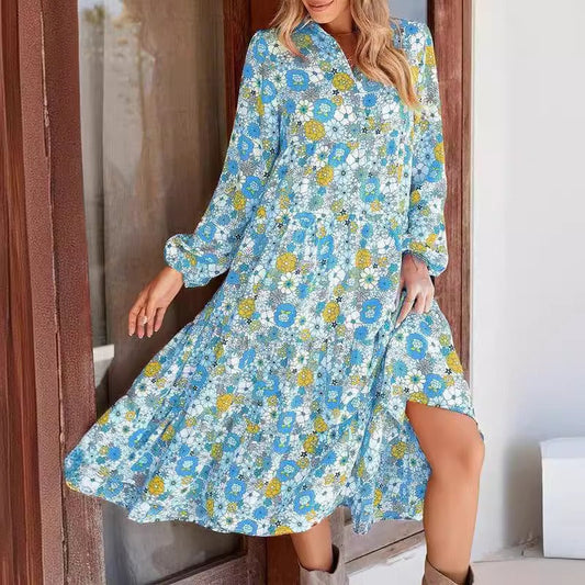 V-Neck Bohemian Floral Puff Sleeve Dress