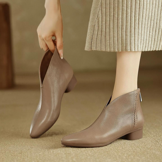 Soft Leather Ankle Boots With Pointed Toe and Low Thick Heel