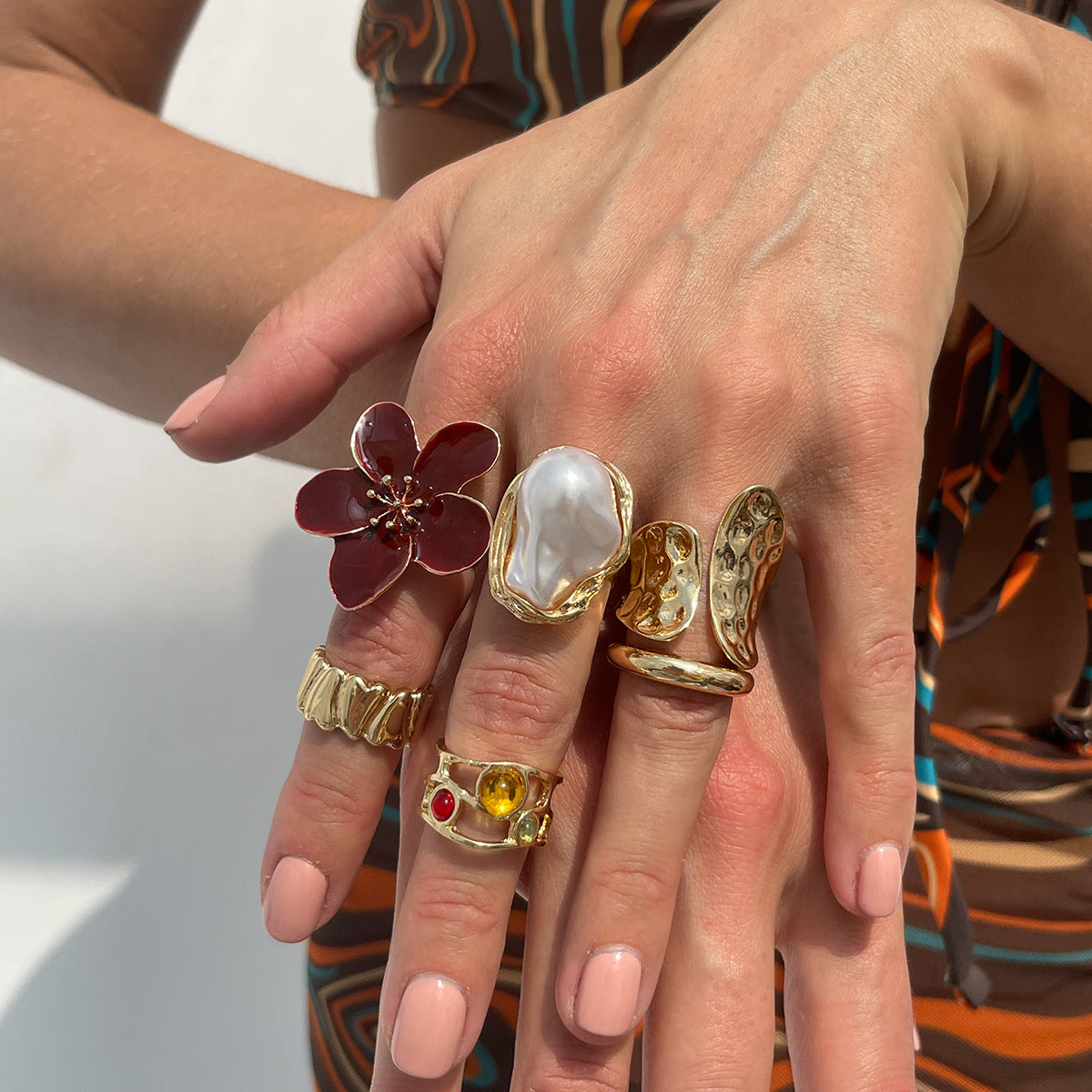 Liquid Lava Flower Open Ring Six-Piece Set