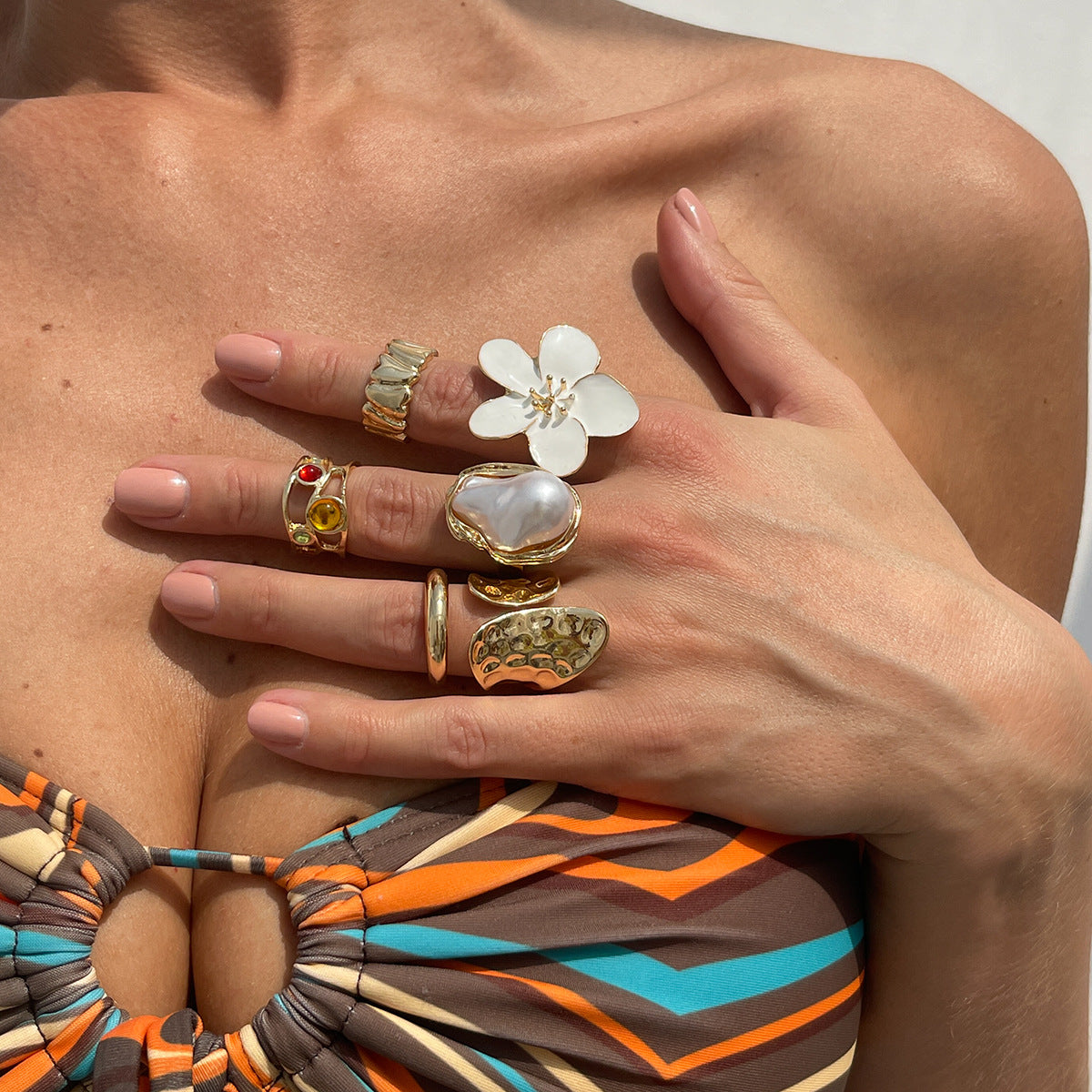 Liquid Lava Flower Open Ring Six-Piece Set
