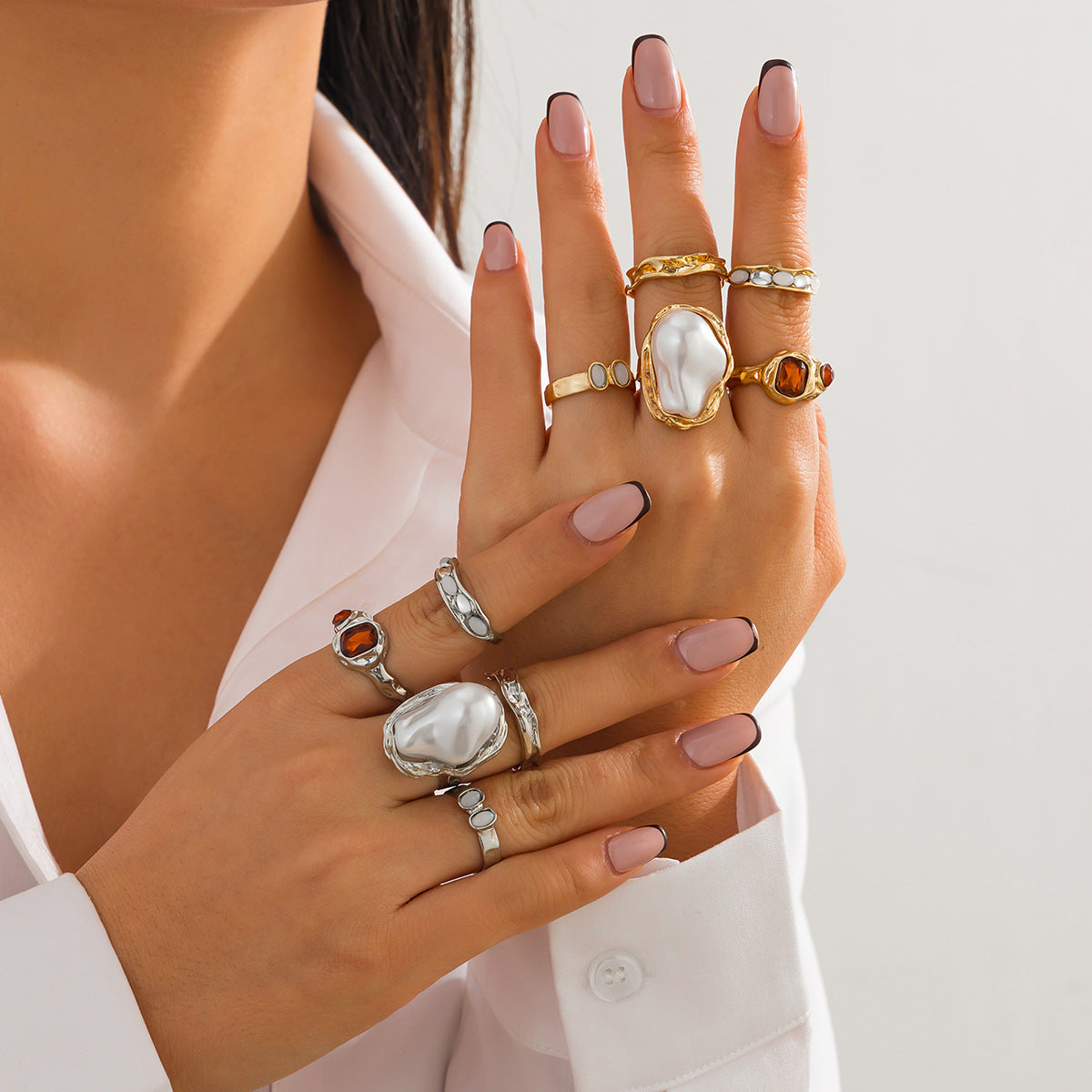 Baroque Imitation Pearl And Gemstone Rings