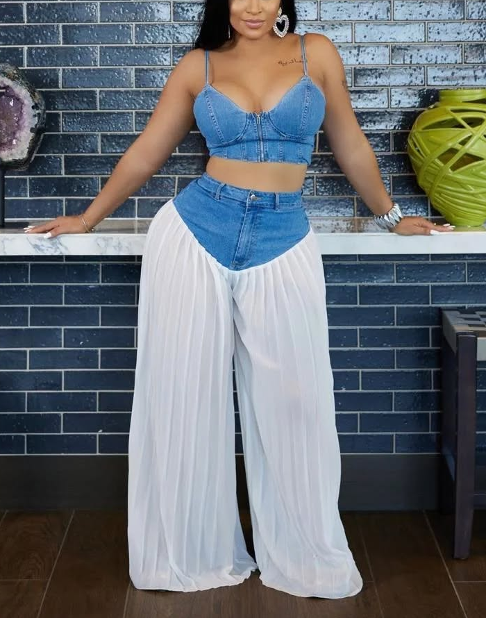 Suspender V-neck Vest With Pleated Denim And Chiffon Trousers Set