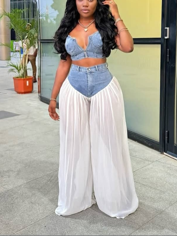 Suspender V-neck Vest With Pleated Denim And Chiffon Trousers Set