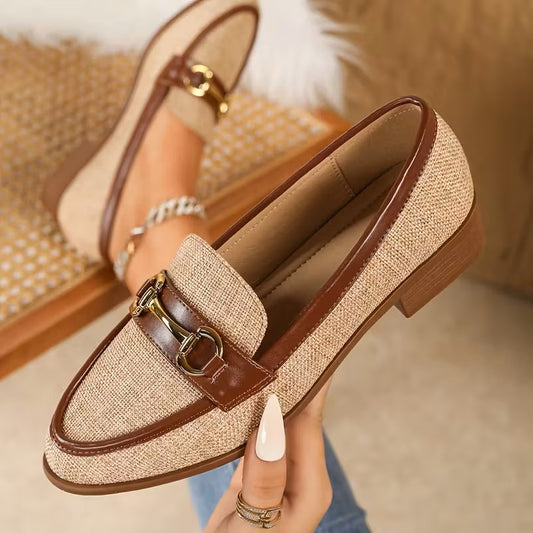 Women's Metal Buckle Woven Linen Loafers