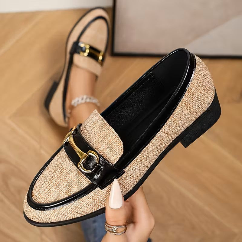 Women's Metal Buckle Woven Linen Loafers