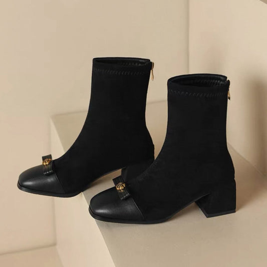 Suede Paneled High-heeled Boots