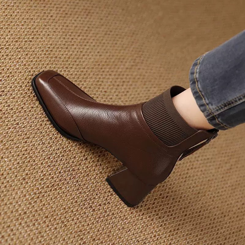 Square Toe Woven High-heeled Leather Shoes