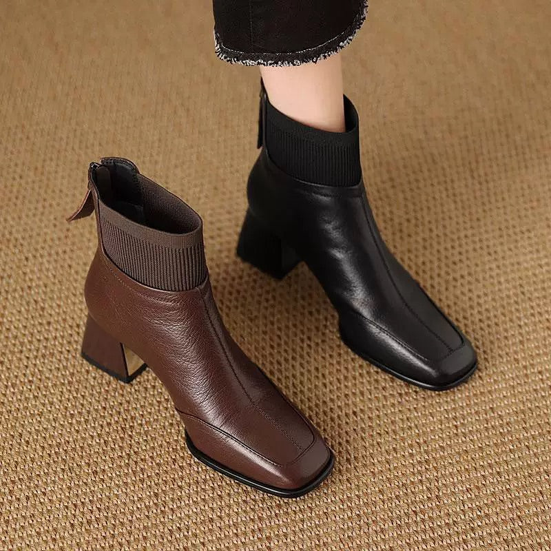 Square Toe Woven High-heeled Leather Shoes