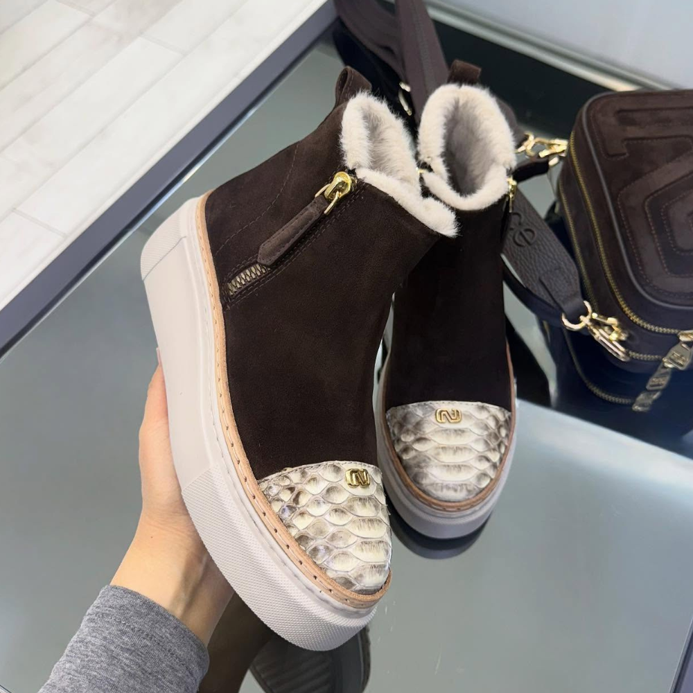 Leather Boots With Python-Print Toe And Fleece Lining