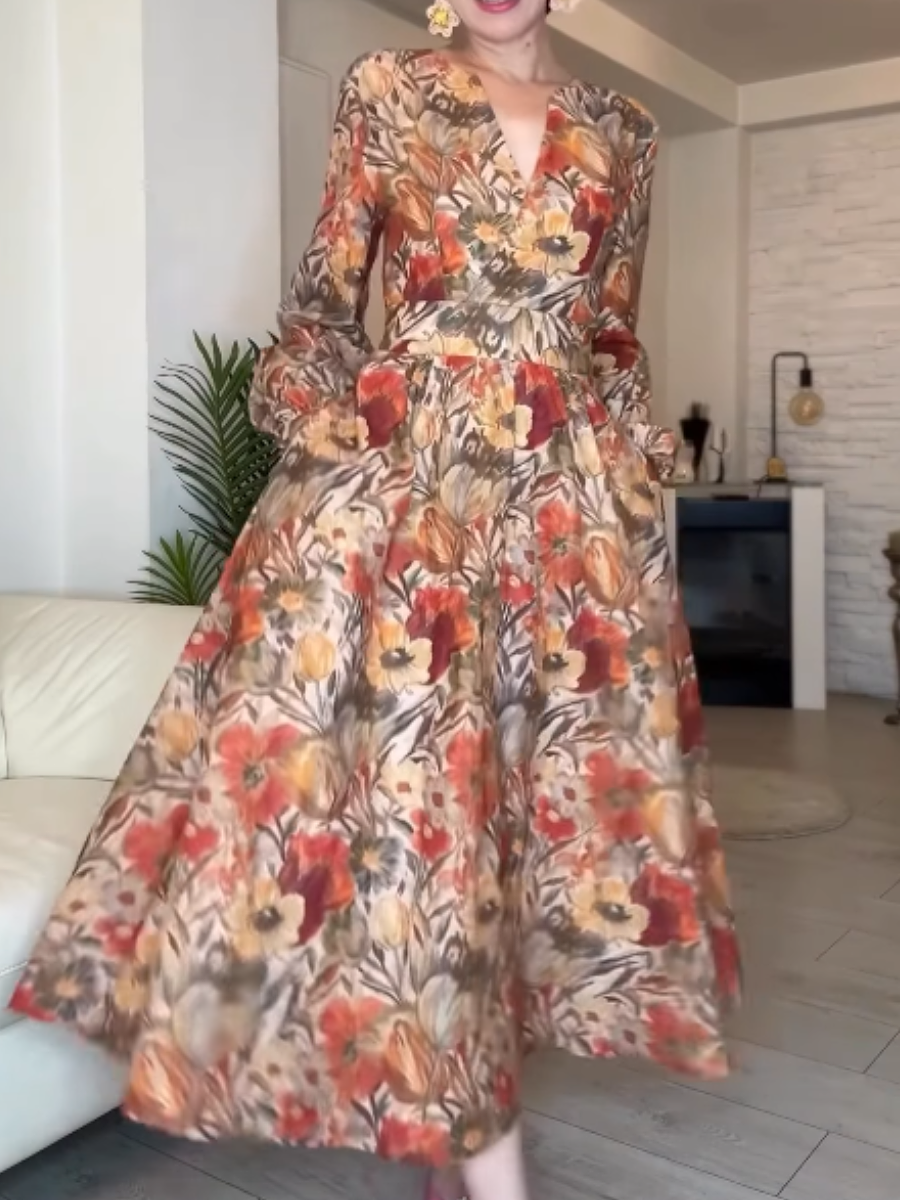 Autumn V-neck Printed Waist Long-sleeved Dress