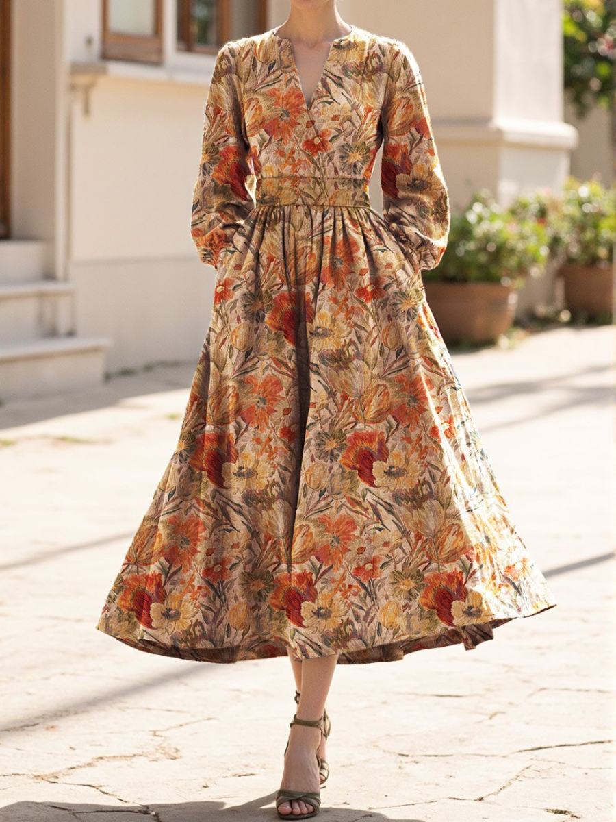 Autumn V-neck Printed Waist Long-sleeved Dress