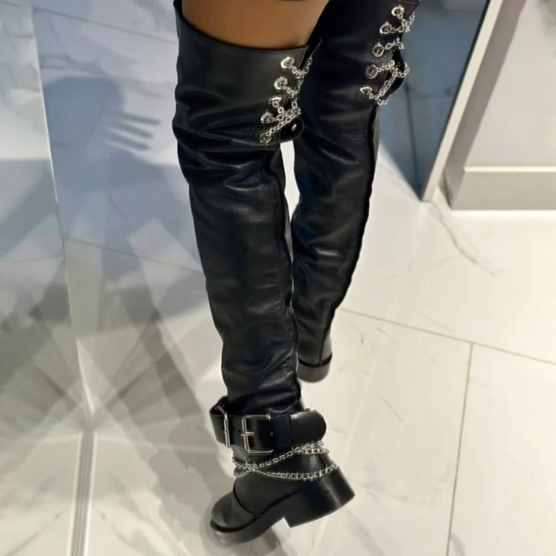 Buckle Chain Trim Knee Boots