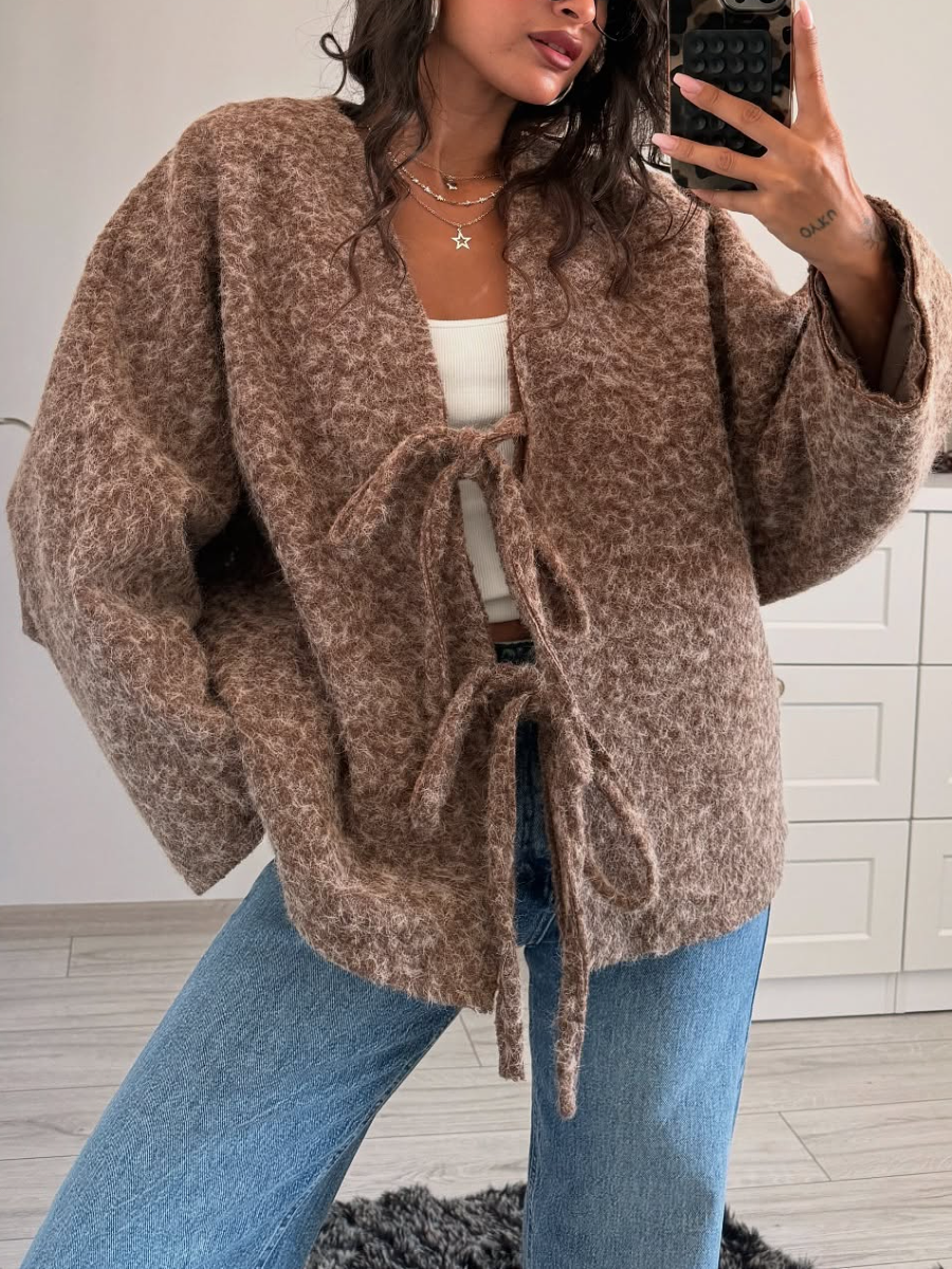 Crewneck Lace-Up Knitted Cardigan Jacket