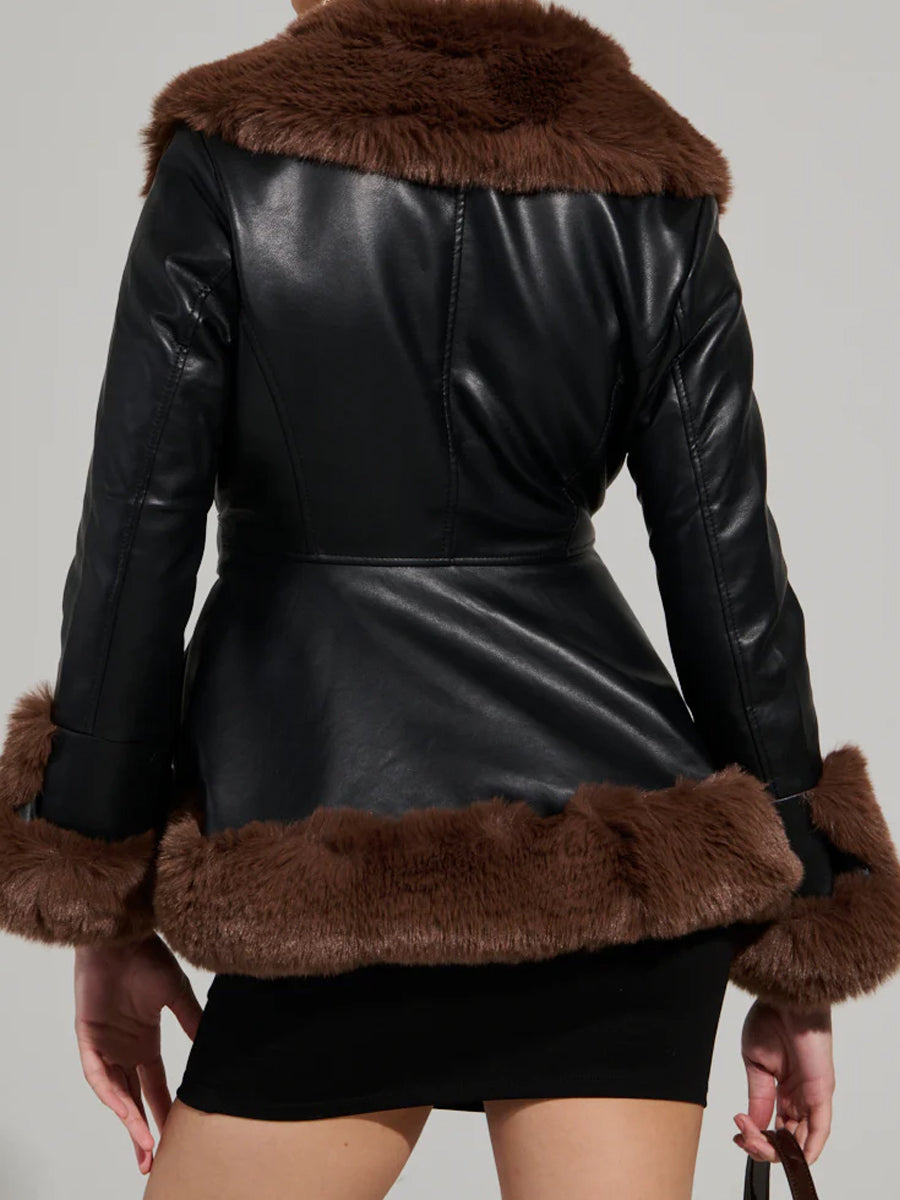 Faux Fur Trim Peplum Belted Coat(✔️Free Shipping)