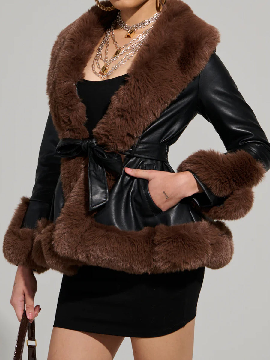 Faux Fur Trim Peplum Belted Coat(✔️Free Shipping)