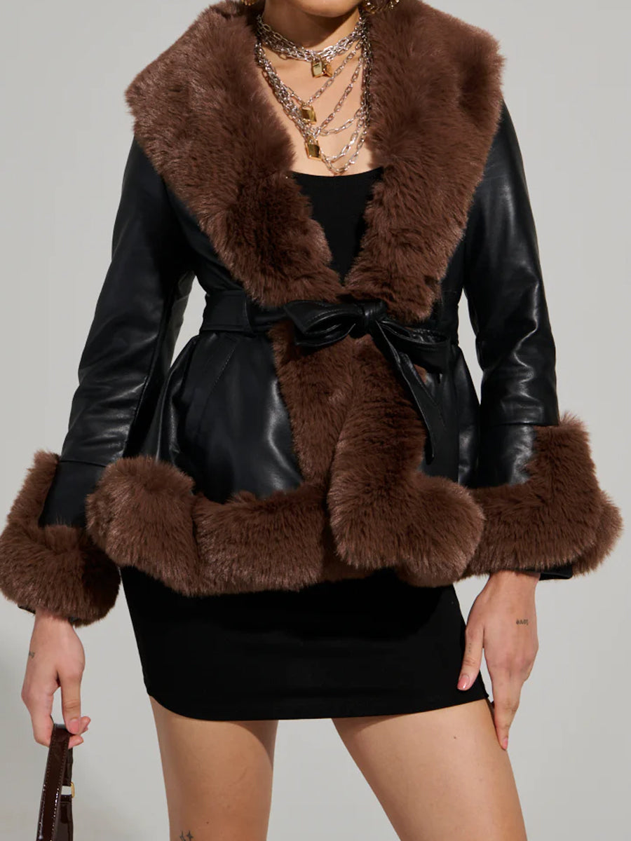 Faux Fur Trim Peplum Belted Coat(✔️Free Shipping)