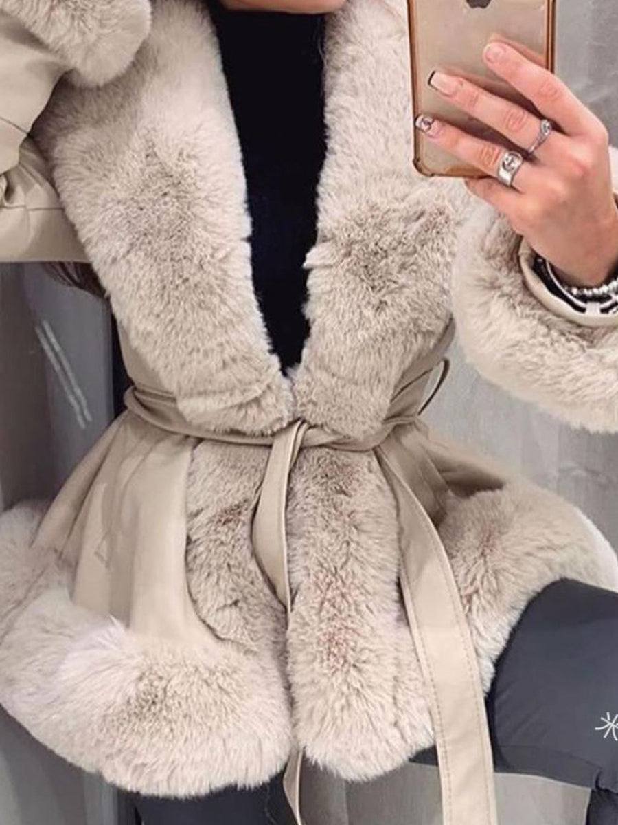 Faux Fur Trim Peplum Belted Coat(✔️Free Shipping)