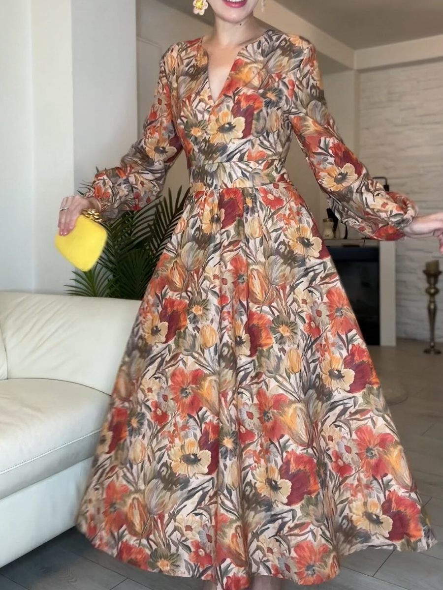 Autumn V-neck Printed Waist Long-sleeved Dress