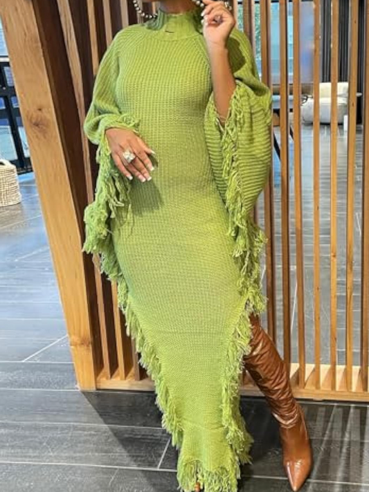 Crewneck Batwing Sleeve Tassel Knit Dress