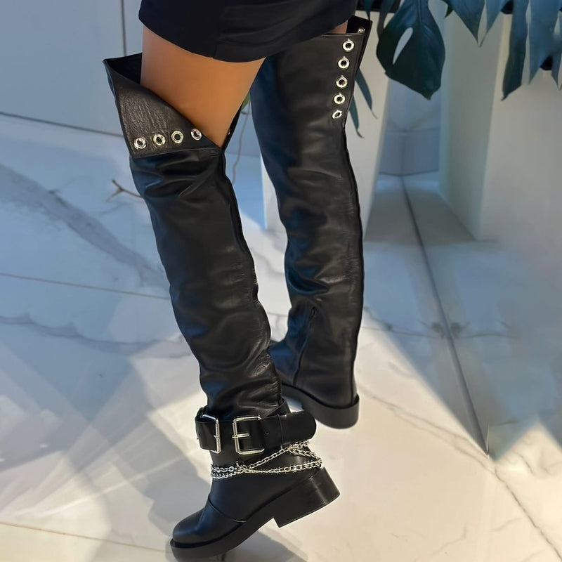 Buckle Chain Trim Knee Boots
