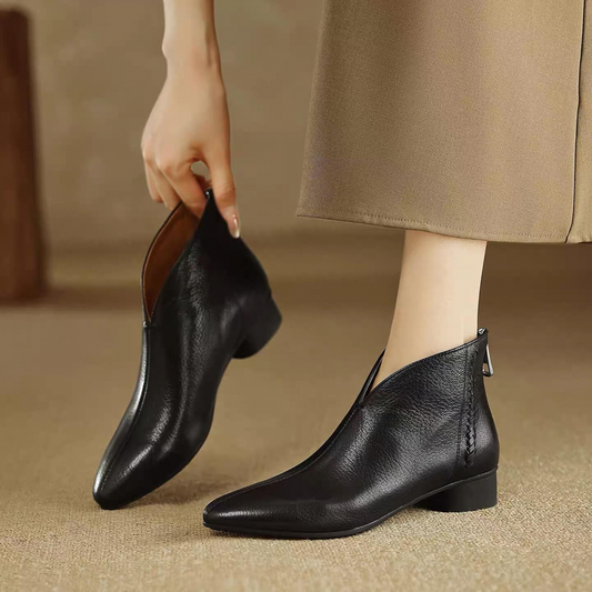Soft Leather Ankle Boots With Pointed Toe and Low Thick Heel