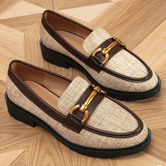 Women's Metal Buckle Woven Linen Loafers