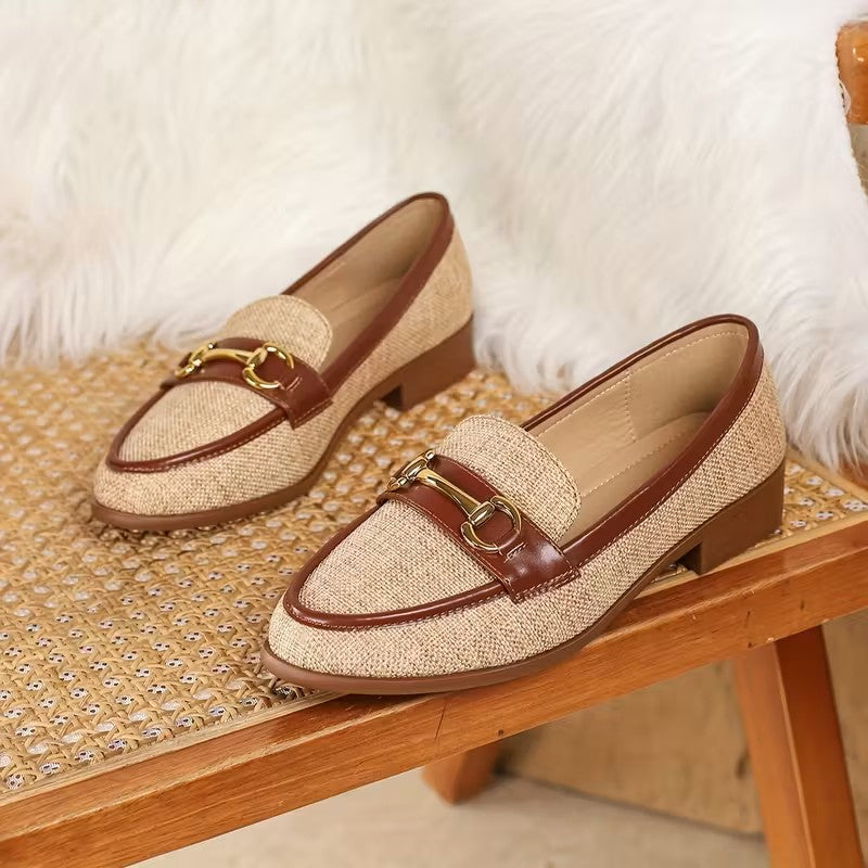 Women's Metal Buckle Woven Linen Loafers