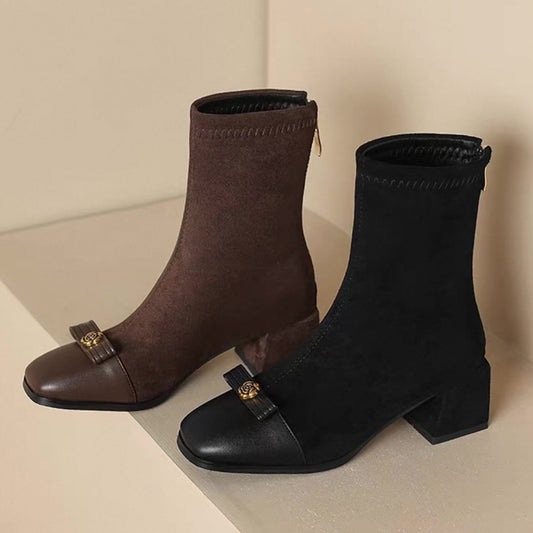 Suede Paneled High-heeled Boots