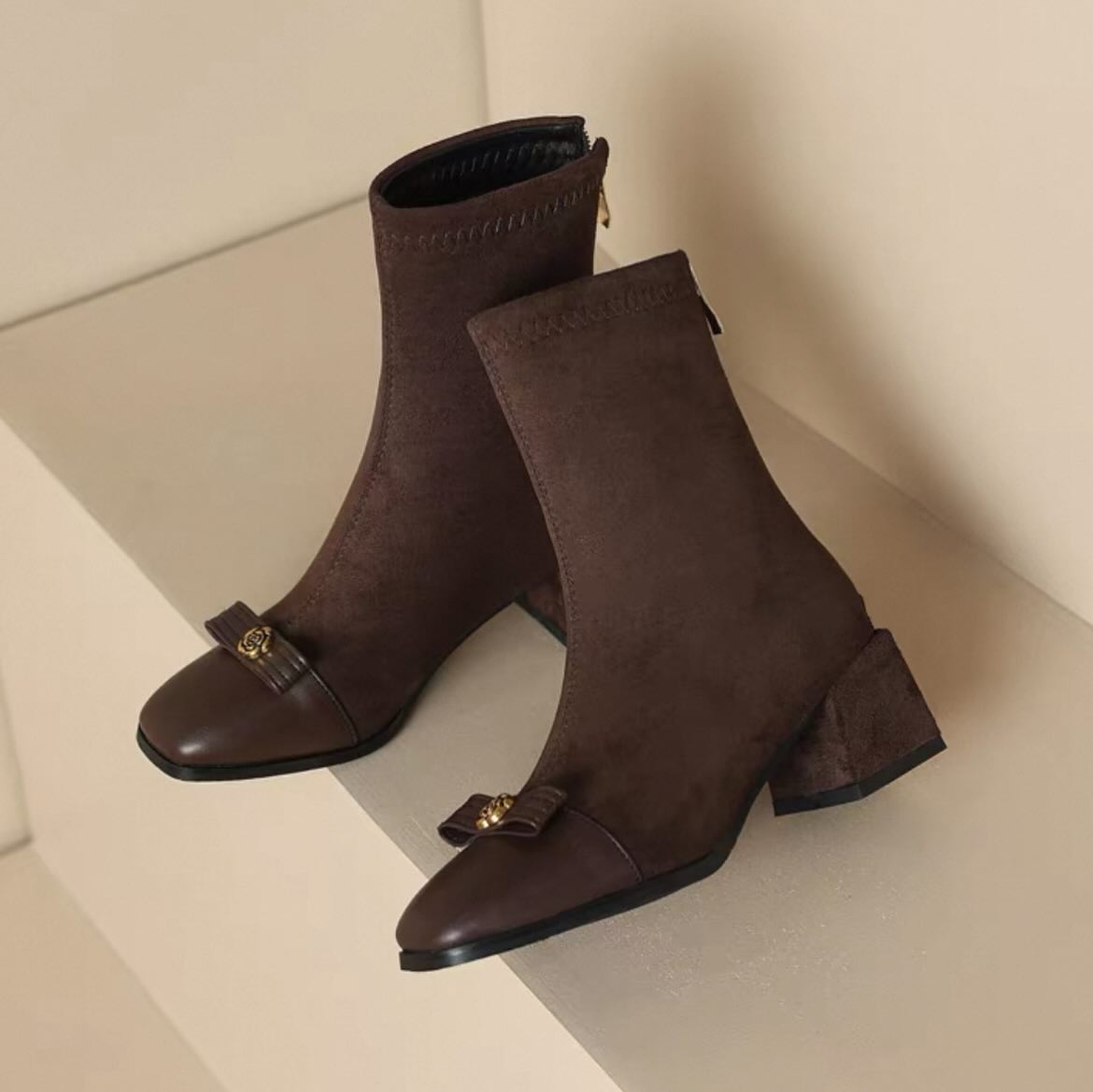 Suede Paneled High-heeled Boots