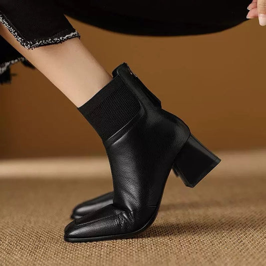 Square Toe Woven High-heeled Leather Shoes