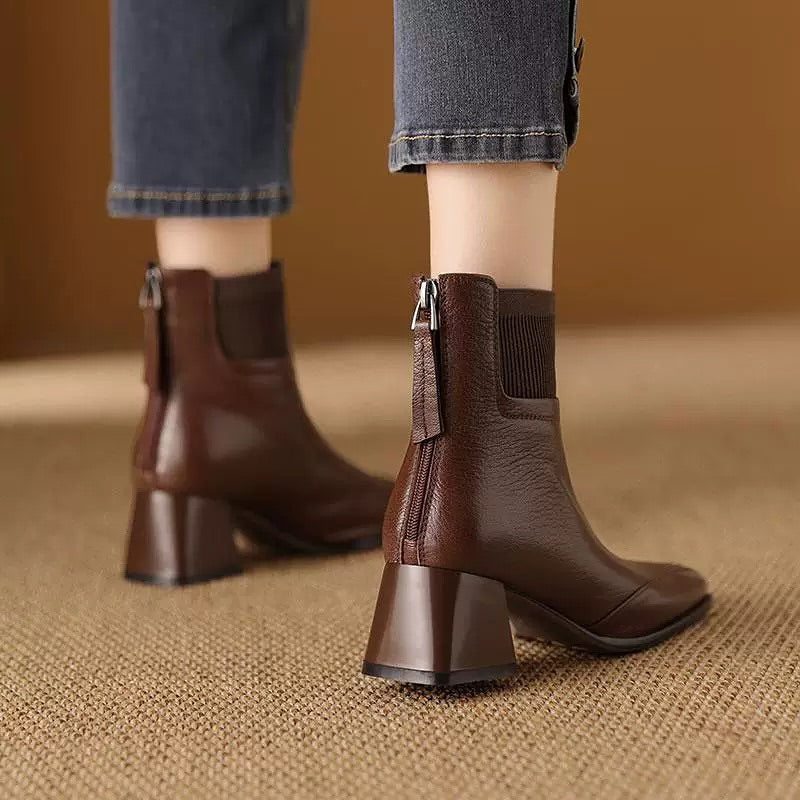 Square Toe Woven High-heeled Leather Shoes