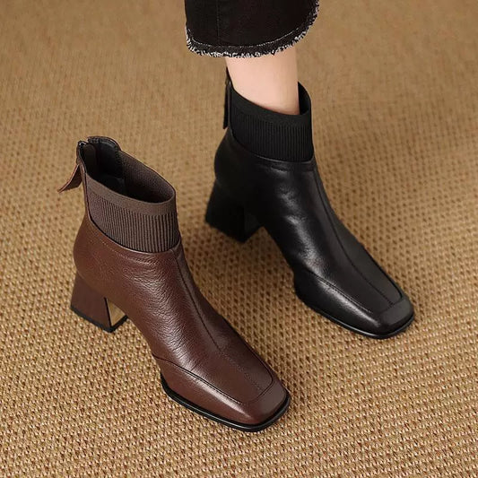 Square Toe Woven High-heeled Leather Shoes