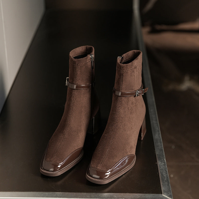 Suede Panel Square-Toe Boots