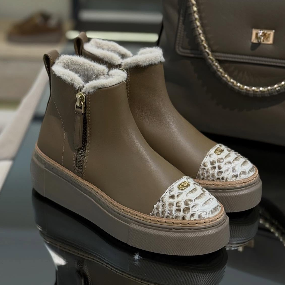 Leather Boots With Python-Print Toe And Fleece Lining