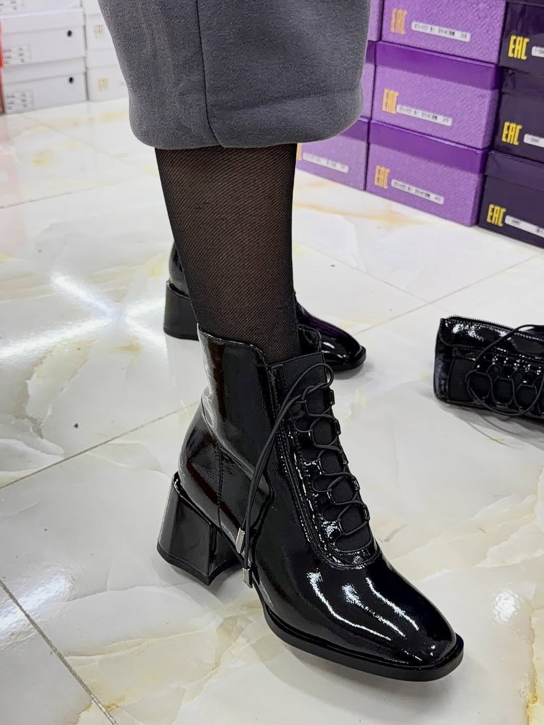 Fleece-Lined Leather Chunky Heel Boots