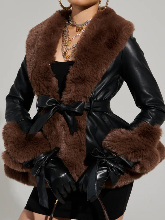 Faux Fur Trim Peplum Belted Coat(✔️Free Shipping)
