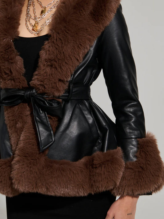 Faux Fur Trim Peplum Belted Coat(✔️Free Shipping)