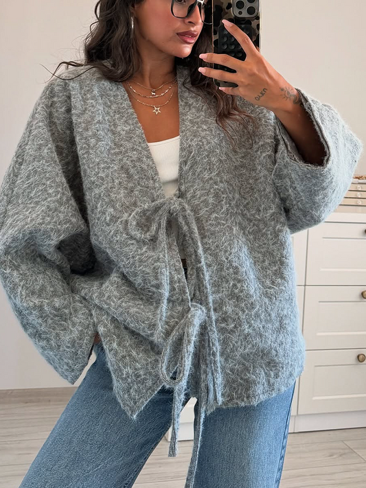Crewneck Lace-Up Knitted Cardigan Jacket