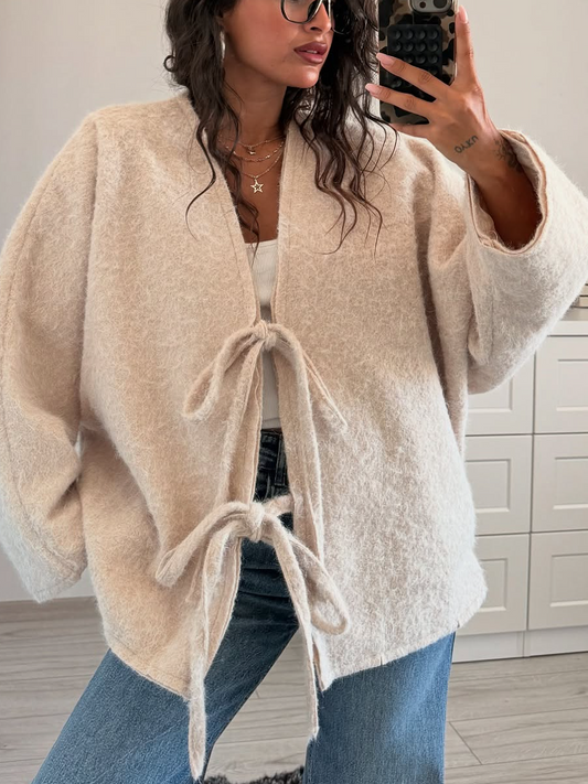 Crewneck Lace-Up Knitted Cardigan Jacket